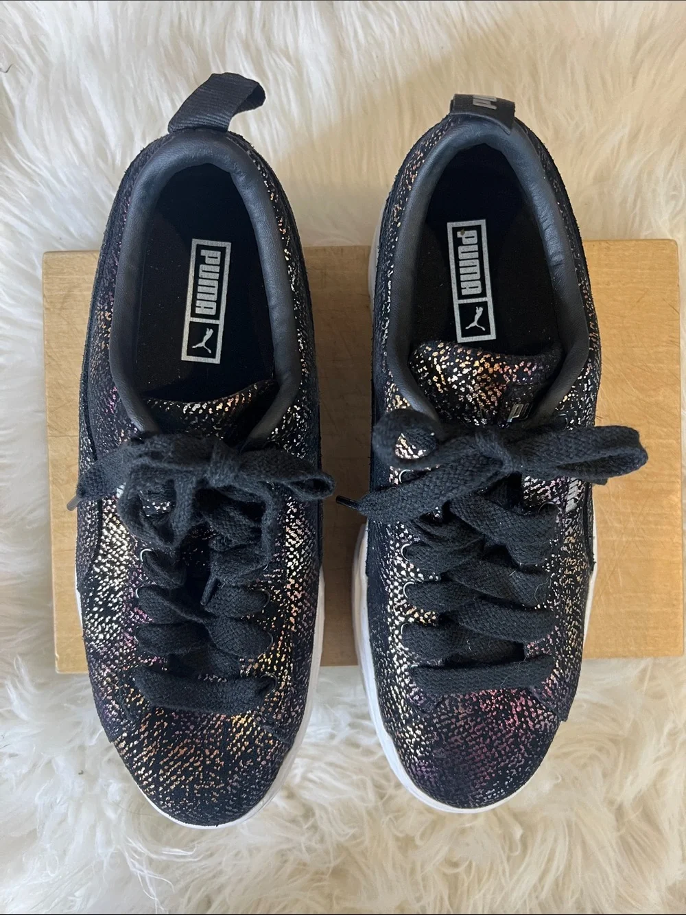 Puma Black Sneakers with Iridescent Sheen and White Platform Sole